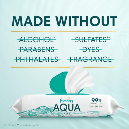 Pampers Aqua Pure Baby Wipes - 99% Water, Fragrance-Free, 672 Total Wipes (12 Flip-Top Packs)