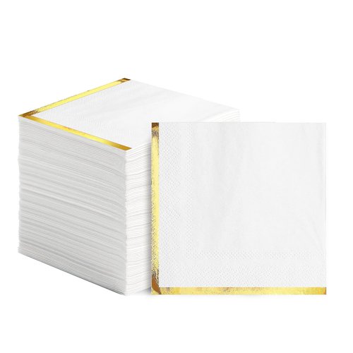 200 Pcs Cocktail Napkins 2 Ply White Napkins with Gold Trim Gold Foil Beverage Napkins Dessert Disposable Decorative Cocktail Napkin Paper for Wedding Birthday Anniversary