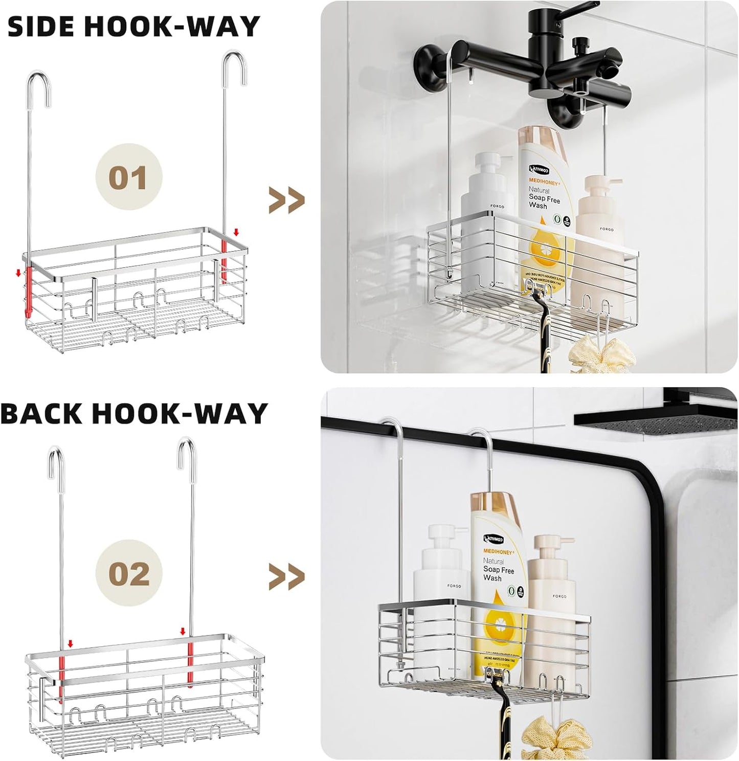 SHANSHUI Shower Organizer Caddy - Rustproof 304 Stainless Steel Hanging Basket for Bathroom | Over Door Rack with Hooks