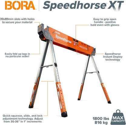 Bora Portamate Speedhorse XT Sawhorse Pair - Heavy-Duty Adjustable 30-36 Inch Metal Top | Ideal for Contractors & Carpenters