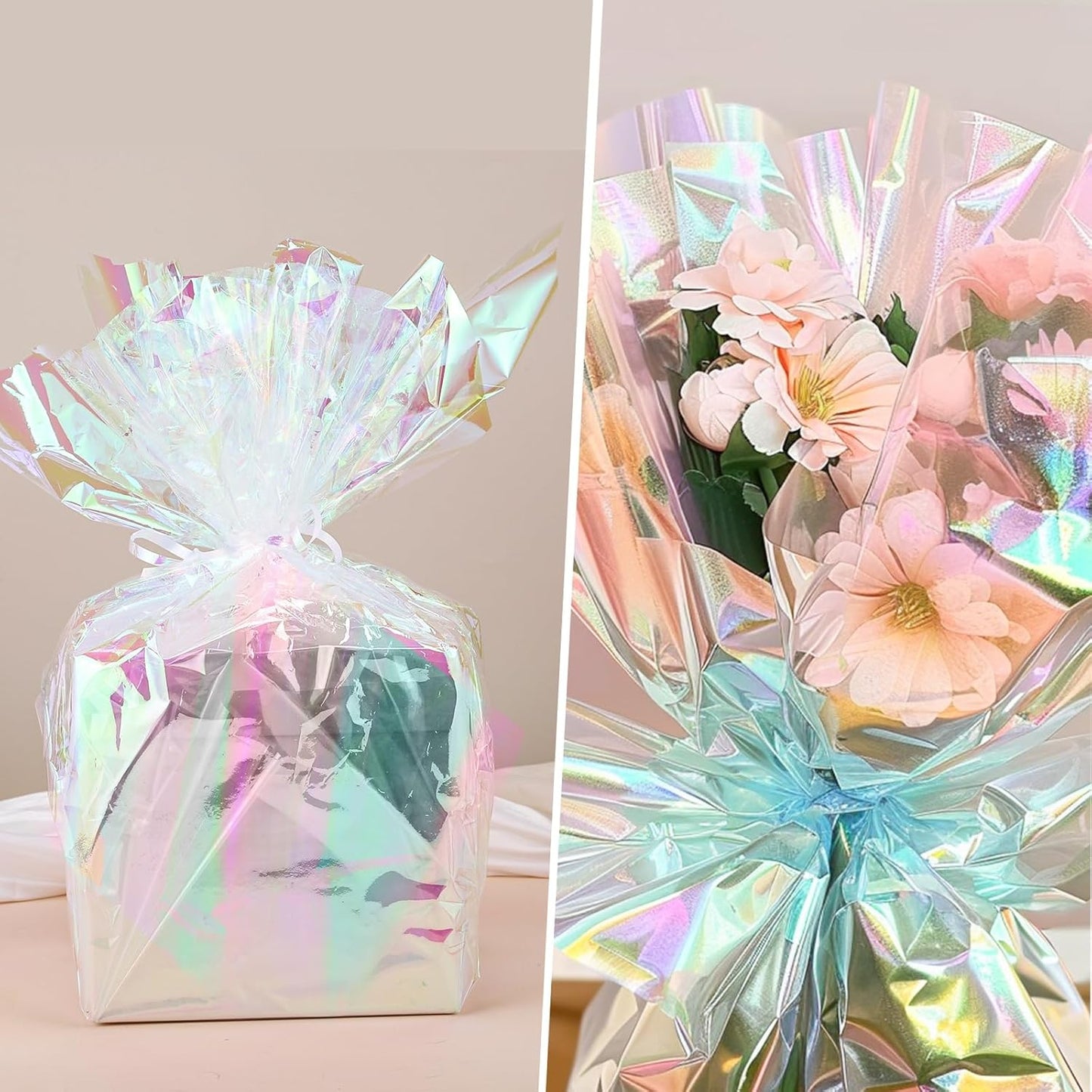 woric 82 Ft X 17 In Cellophane Wrap for Gift Baskets Easter Iridescent Cellophane Wrap Roll Gift Basket Wrapping Plastic for Easter Gifts Basket Stuffers Treats Party Favor Birthday Wedding Crafts