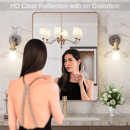 LOAAO Gold Bathroom Mirror - 24”X32” Rounded Rectangle Design | Brushed Gold Frame, Anti-Rust, Versatile Mounting