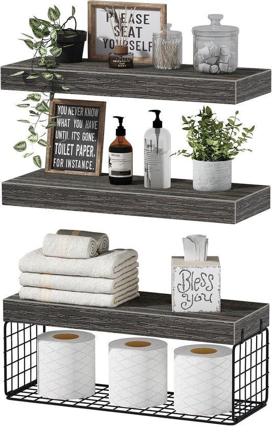 QEEIG Bathroom Shelves Over Toilet - Wall Mounted Floating Storage | Set of 3 Grey 16-Inch Farmhouse Decor