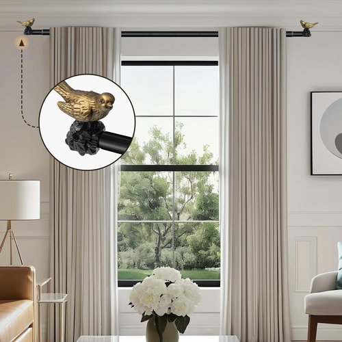 KVEEO Vintage Black Curtain Rod 18 to 45 Inches Curtain Rods for Windows Adjustable Heavy Duty Drapery Rod with Gold Bird Finials for Kitchen Window Living Room