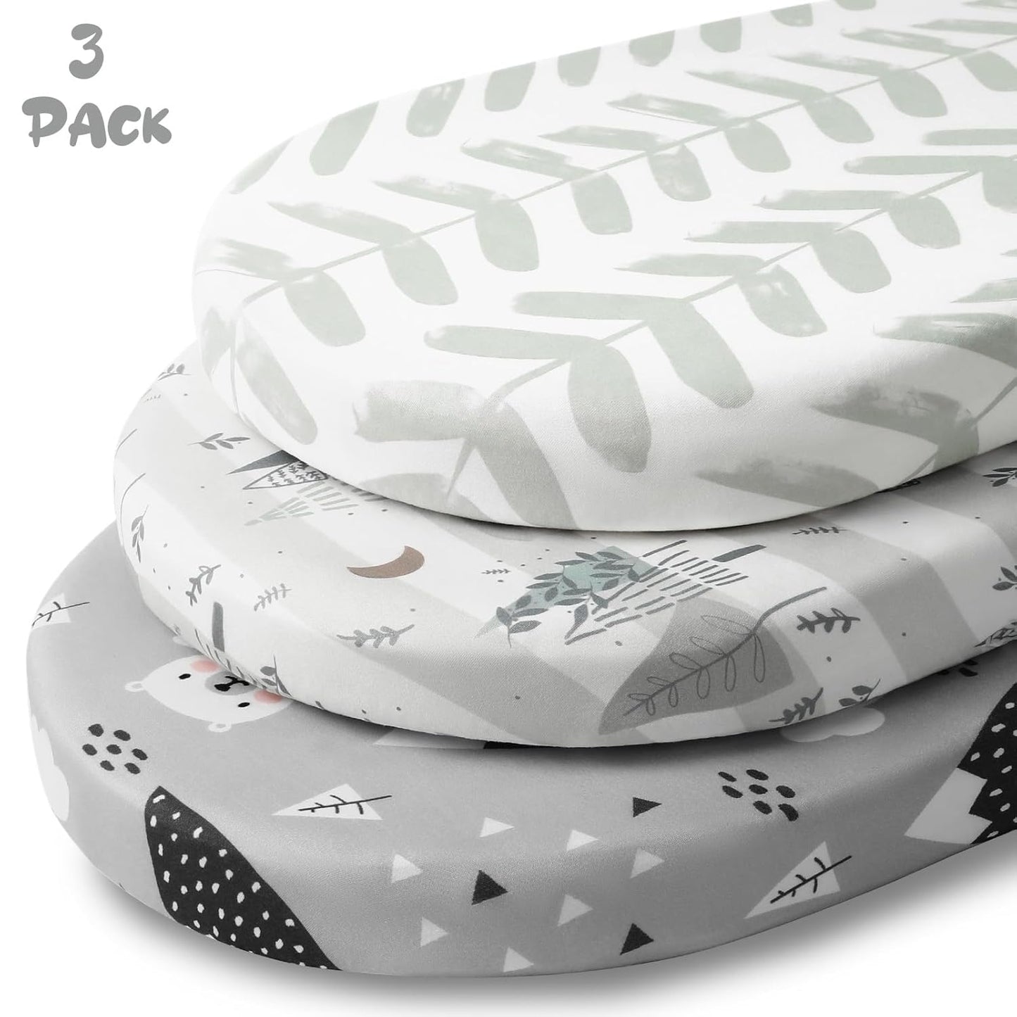 Yoofoss Bassinet Sheets - 3-Pack Fitted Baby Sheets for Halo & Angelbliss | Soft Grey Bear Design