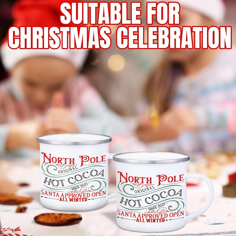 NORTH POLE 9 Pcs Enamel Mugs 12oz Coffee Cup with Handles - Christmas Set
