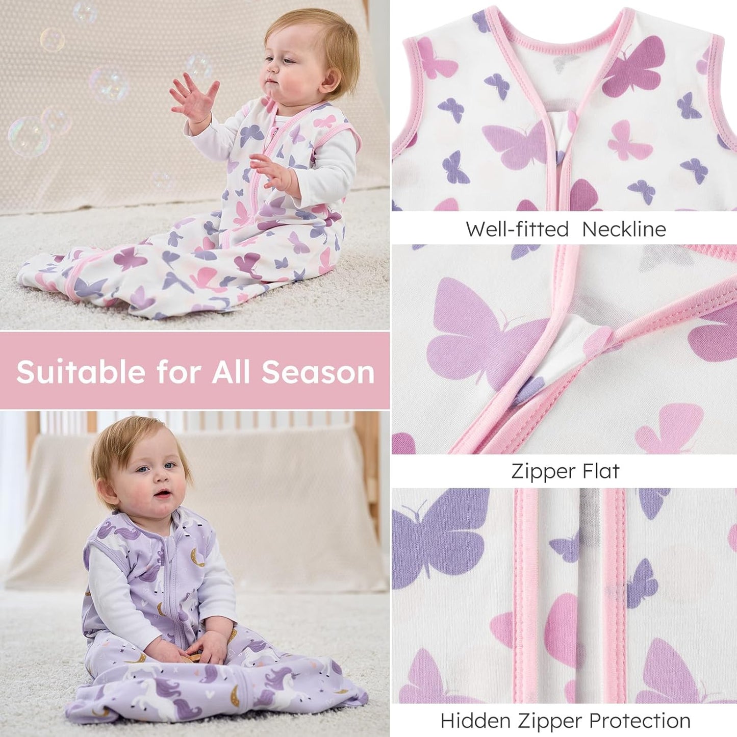Yoofoss Baby Sleep Sack - 100% Organic Cotton Wearable Blanket for 18-24 Months | 2-Way Zipper, 3 Pack