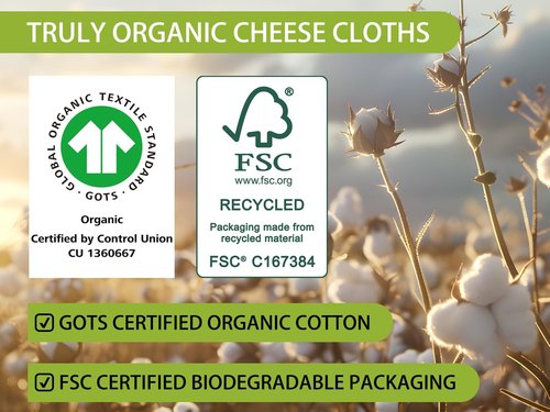 GOTS Certified Organic Cheese Cloths - 100% Cotton Muslin, 6PCS, 20x20 Inch, Reusable Fine Mesh for Straining & Cooking