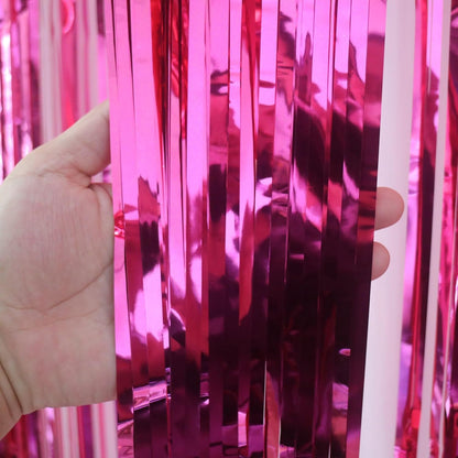 Valentines Day Party Decorations | Hot Pink Foil Fringe Curtains - 3 Pack, 3.2x8.2ft Backdrop