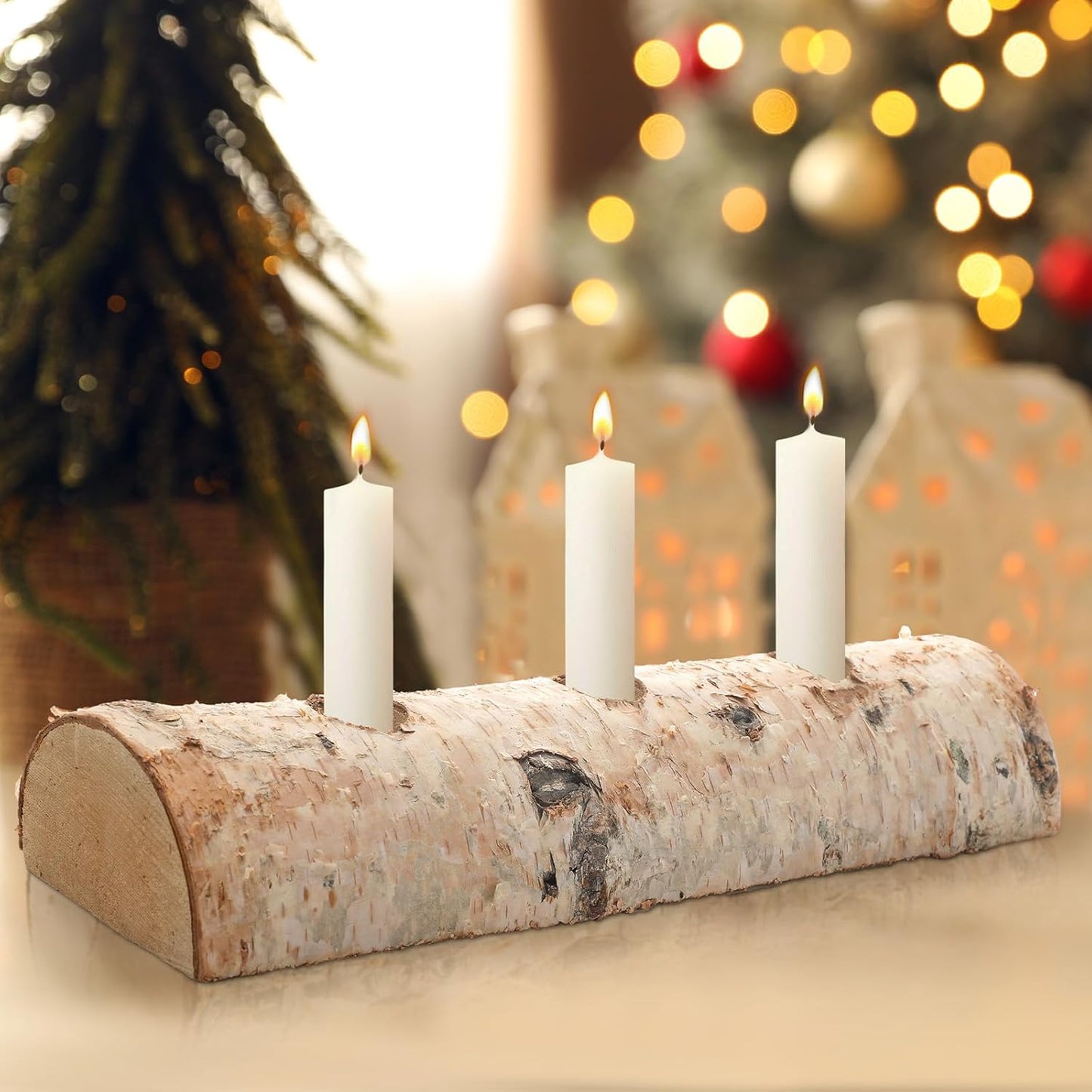 Roowest Birch Wood Taper Candle Holder Set - 3 Pcs Decorative Fireplace Log for Christmas Decor