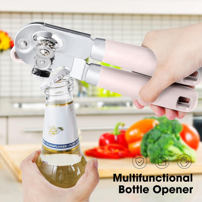 Can Opener Manual, Can Opener with Magnet, Hand Can Opener with Sharp Blade Smooth Edge, Handheld Can Openers with Big Effort-Saving Knob, Can Opener with Multifunctional Bottles Opener, Light Pink