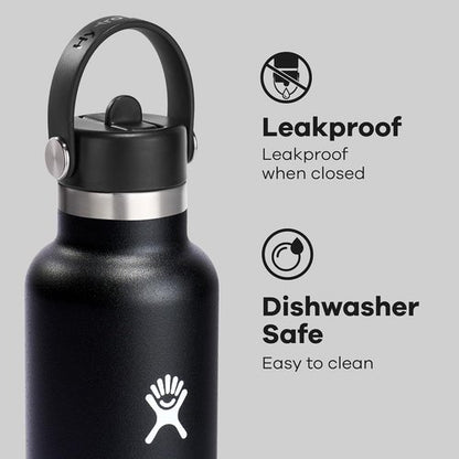Hydro Flask Water Bottle - Insulated Stainless Steel - Leakproof Straw Lid, 24 Oz Black