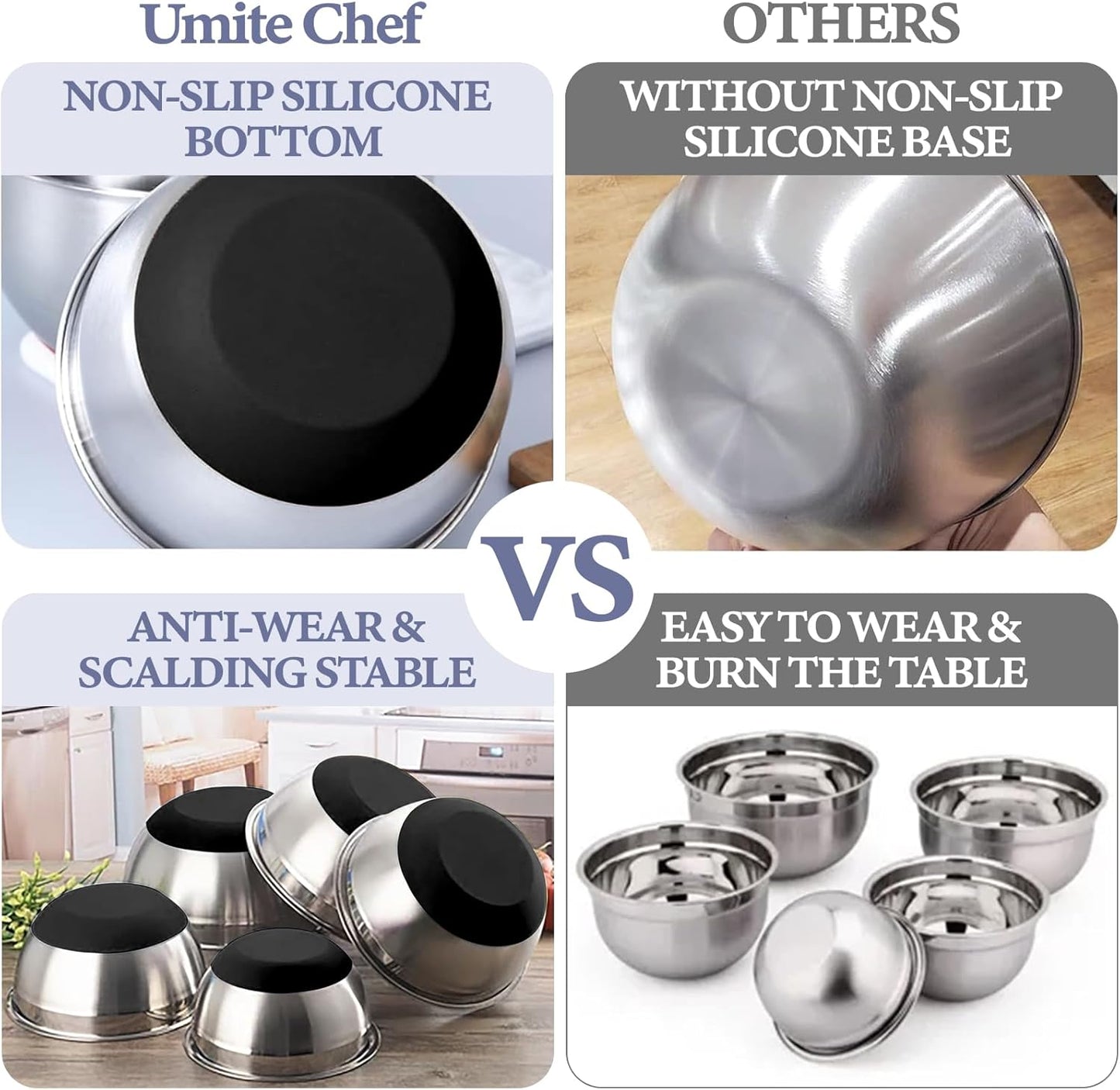 Umite Chef Mixing Bowls - 8PCS Stainless Steel Set with Airtight Lids & Grater Attachments | Non-Slip Bottoms, Black, 1.5QT to 5QT