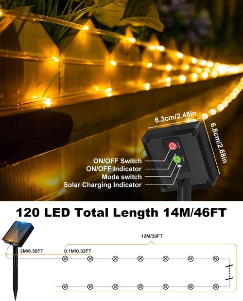 Btfarm Solar Rope Lights - 120 LED Waterproof Outdoor String Lights | 46FT with 8 Lighting Modes for Garden & Party Decor - Warm White