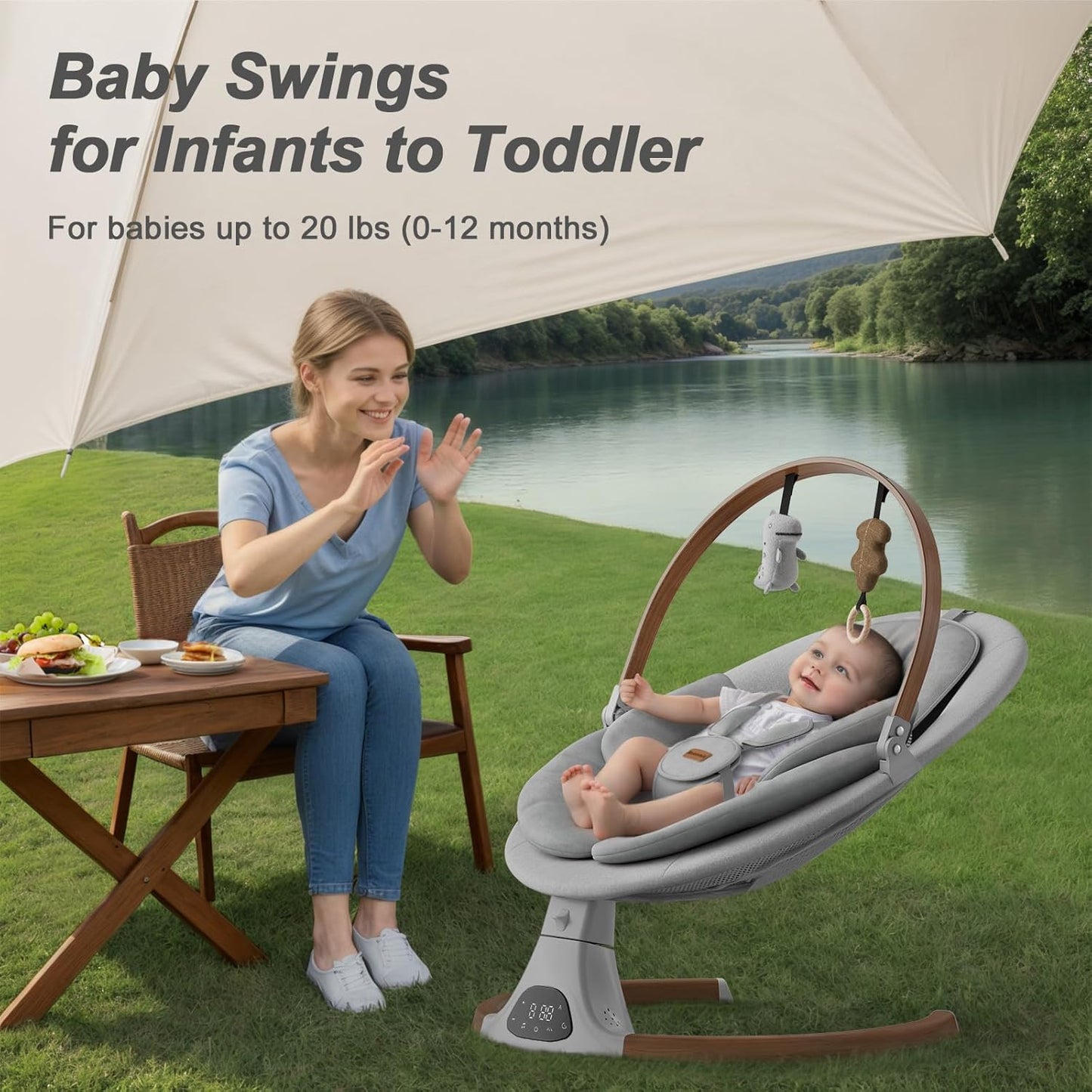 Monamii Baby Swing - Bluetooth Infant Swing with Music Speaker, 5 Speeds & Remote Control | Light Grey