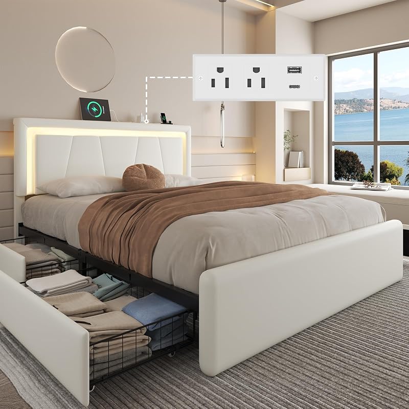 Full Size Bed Frame with 4 Storage Drawers, Upholstered Headboard, White - Variation: White+Full