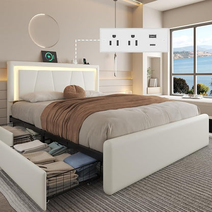 Full Size Bed Frame with 4 Storage Drawers, Upholstered Headboard, White - Variation: White+Full