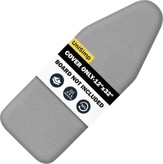 UniSimp Small Ironing Board Cover - Heat Resistant Cotton Canvas Pad | 12"x32" Gray Drawstring Design