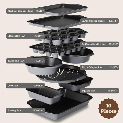 Country Kitchen Nonstick Bakeware Set - Heavy Duty & Easy Release, 10-Piece Set in Grey