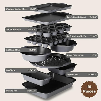 Country Kitchen Nonstick Bakeware Set - Heavy Duty & Easy Release, 10-Piece Set in Grey