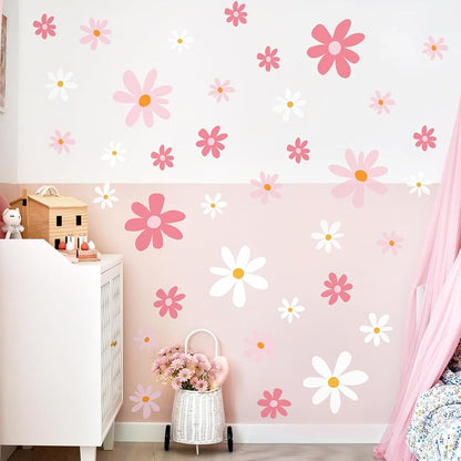 9 Sheets Pink and White Daisy Flower Wall Decals for Girls Bedroom - Variation: Pink and White
