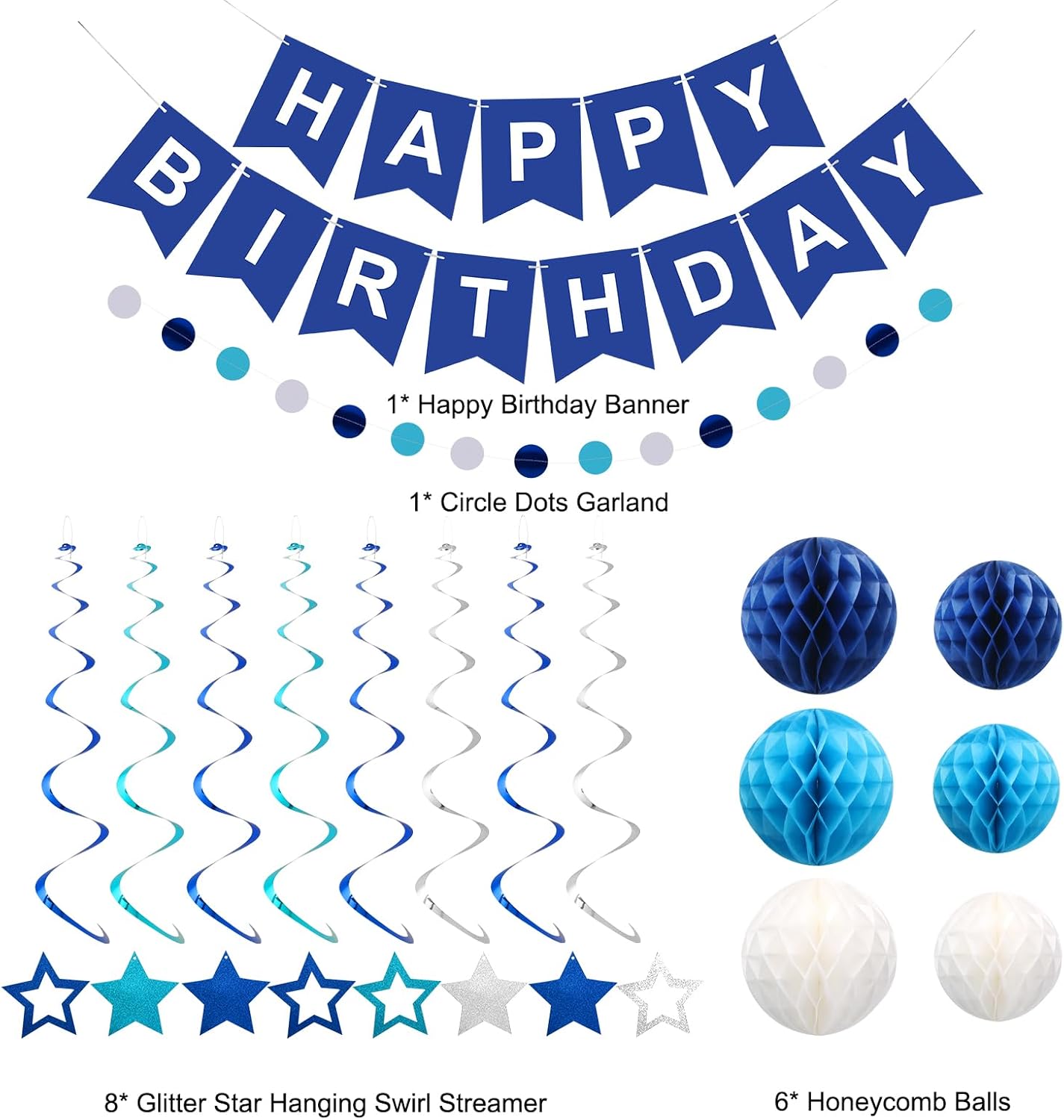 Meowtastic Birthday Decorations - Happy Birthday Banner with Honeycomb Balls & Swirl Streamers | Blue