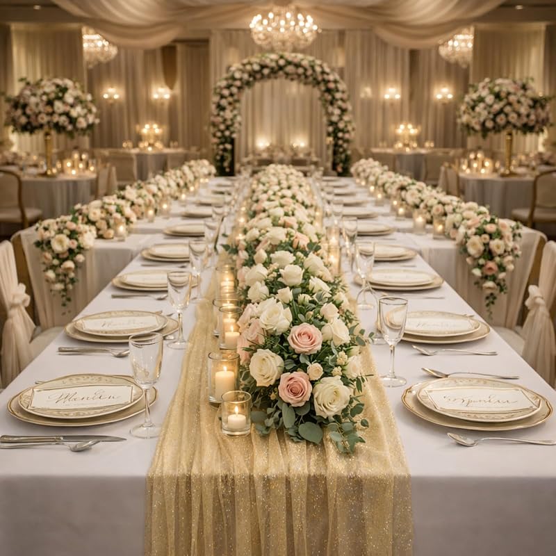Gold Gauze Table Runner 10ft - 120x29in Glitter Tulle with Sequins (Variation: Gold+10)