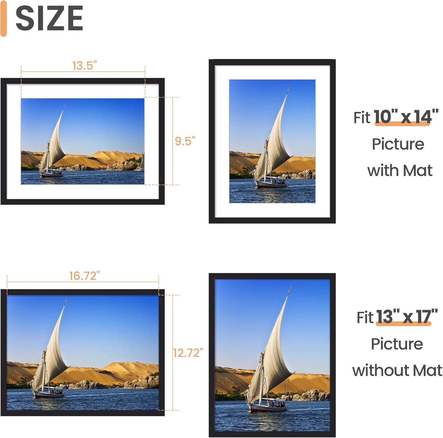 Upsimples 13x17 Picture Frame - Display 10x14 Photos with Mat or 13x17 Without - Black, 1 Pack