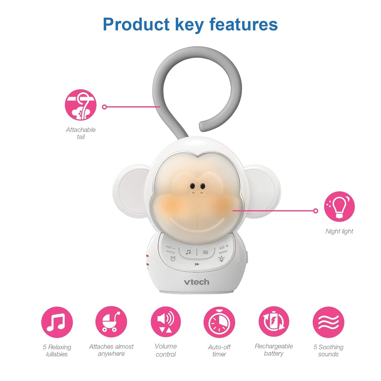 VTech Communications Myla The Monkey Baby Sleep Soother - White Noise Machine with 5 Sounds & Soft-Glow Night Light