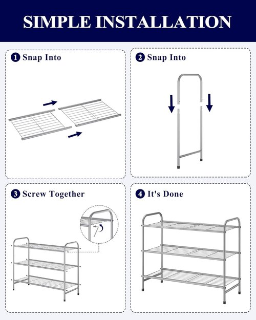 Kitsure Shoe Rack - Sturdy Stainless Steel Organizer for Closet & Entrance | 3-Tier, 25.6" Wide, Grey