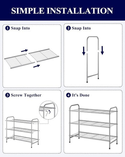 Kitsure Shoe Rack - Sturdy Stainless Steel Organizer for Closet & Entrance | 3-Tier, 25.6" Wide, Grey