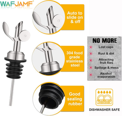 WAFJAMF 2 Pcs Weighted Stainless Steel Bottle Pourers, Self Closing Olive Oil Dispenser Spout, Auto Flip Feature Liquor Pour Spouts for Pours Liquid, Olive Oil, Wine, Vinegar (Silver)