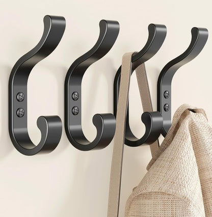 Bussdis Coat Hooks - Heavy Duty Wall Mount Hangers for Towels & Bags | Holds Up to 30 lbs, Black, 4 Pack