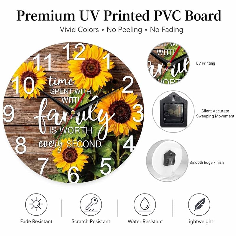 Sunflower Family Quote Wall Clock 10 Inch - Sunflower 1+10 Inch, Battery Operated