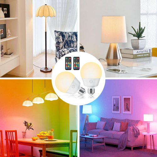 Brightown E26 Rechargeable Light Bulb - Remote & Timer, Dimmable 3 Color Temperatures + 9 RGB Colors | 2 Pack