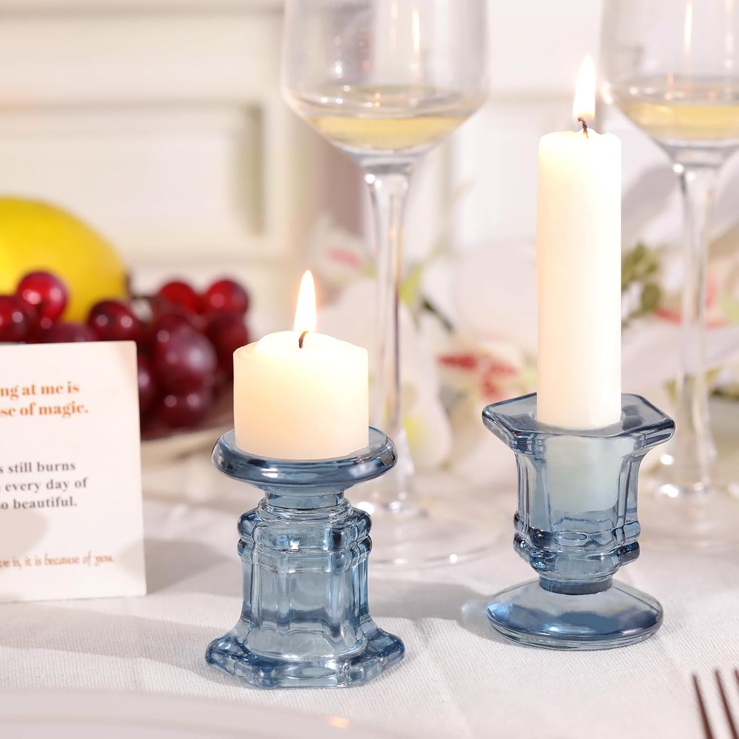 Regine Switzerland Blue Glass Candlestick Holders - 12 Pcs Crystal Taper Candle Holders for Weddings & Home Decor