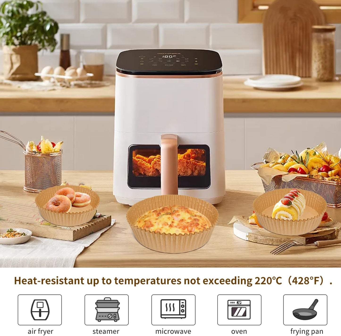 Skiennix Air Fryer Liners - 100 Pcs Non-Stick Parchment Paper for 6.3-Inch Round Air Fryers | Food Grade Accessories