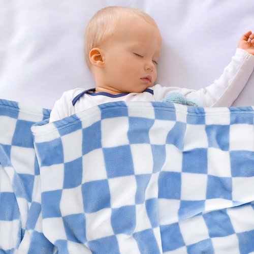 GreatBba Plush Checkered Baby Blanket - Warm Chenille Fleece for Infants | 30" x 40" - Blue & White