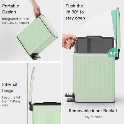 TIPGO Slim Bathroom Trash Can - Soft Close Lid & Step Pedal - 6 Liter Stainless Steel Bin (Green)