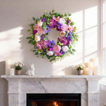 Regine Switzerland 24-Inch Spring Wreath - Blush Pink Roses & Purple Blooms for Home Decor | Indoor/Outdoor Use