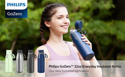 PHILIPS Water Bottle - Stainless Steel Filtered Design | Keeps Drinks Cold for 24 Hours, 1 Filter for 40 Gal