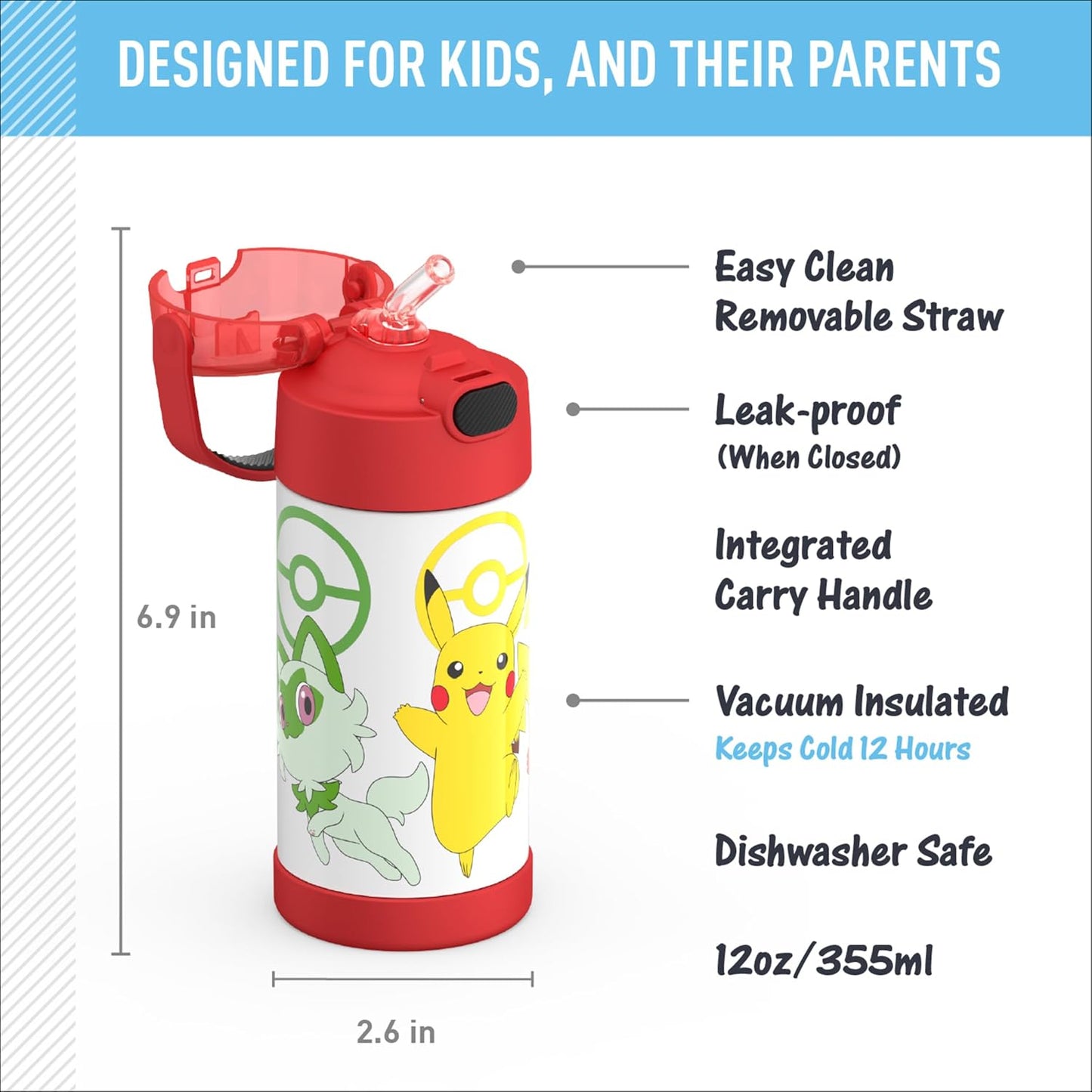THERMOS FUNTAINER Water Bottle - 12 Ounce Kids Stainless Steel Vacuum Insulated with Straw | Pokémon Design