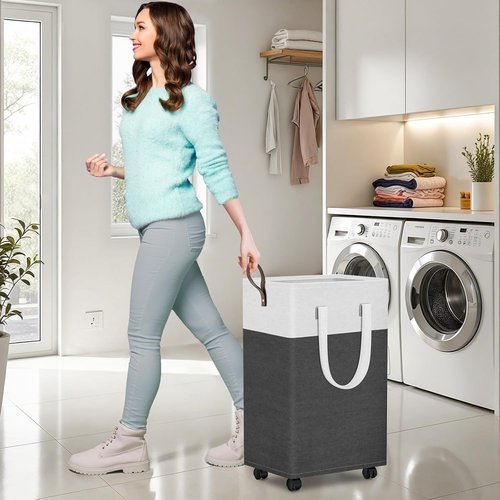 HomeHacks 75L Waterproof Rolling Laundry Hamper - Collapsible Clothes Basket with 4 Wheels | Easy-Clean PEVA Lining, Space-Saving Design (Gray)