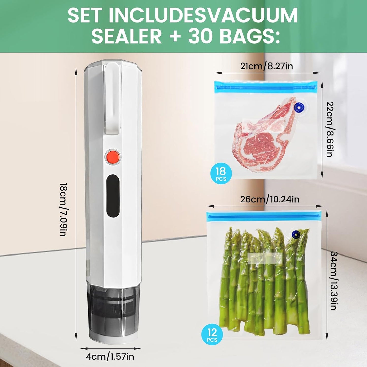 Powerful Handheld Vacuum Sealer - Compact Food Preservation Machine with 30 Reusable Bags