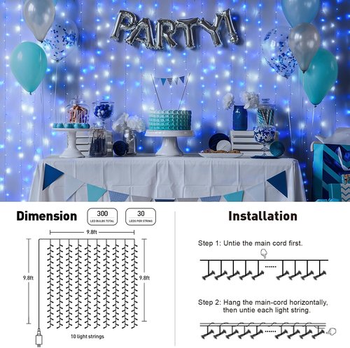 JMEXSUSS 300LED Christmas Curtain Lights - Blue & White Indoor/Outdoor Fairy Lights | 8 Modes, 9.8x9.8ft Decor
