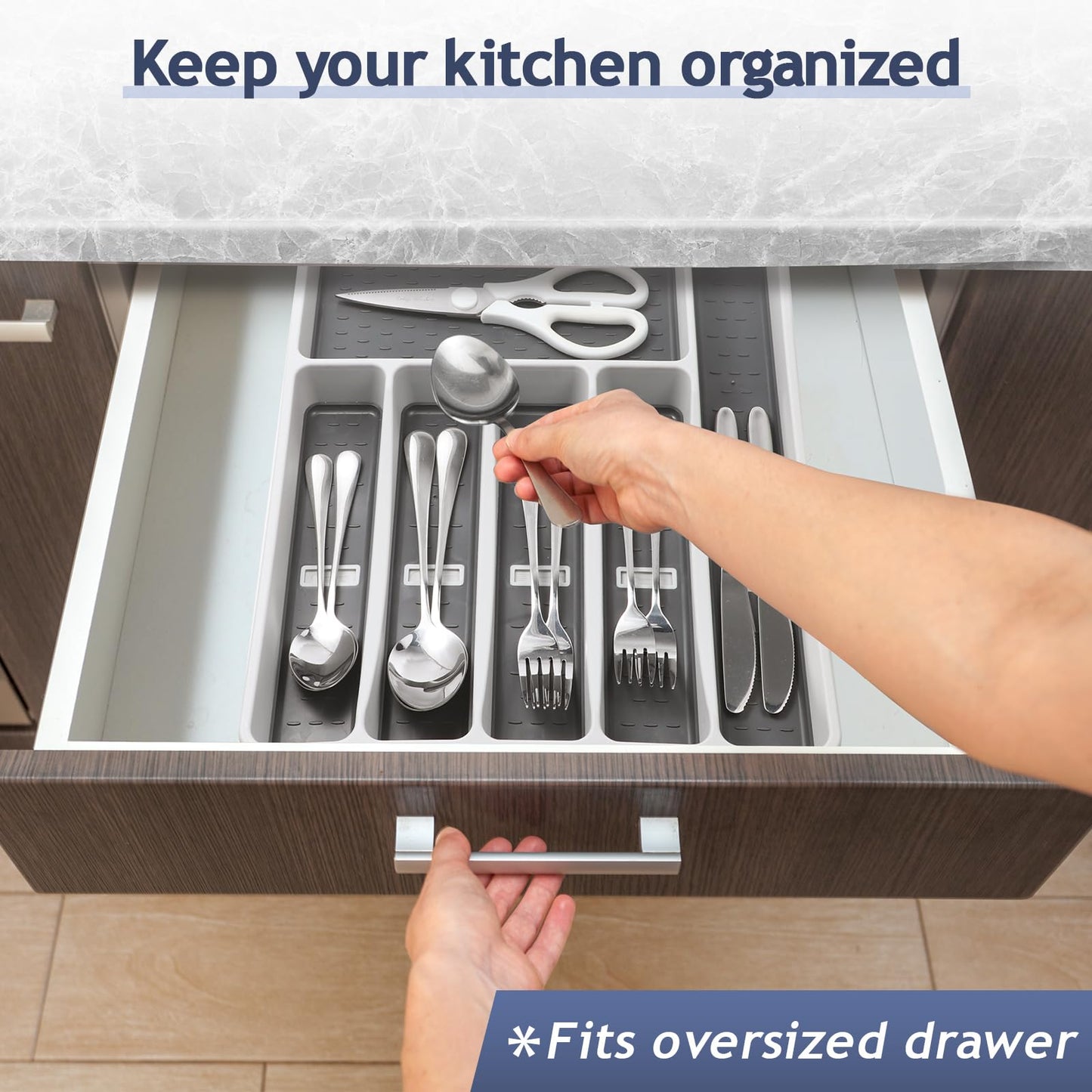 CherHome Silverware Organizer with Cutlery Icons，Silverware Tray for Kitchen Drawer，Plastic Flatware Tableware Silverware Drawer Organizer Utensil Organizer with Non-slip TPR Linings，6-Compartment