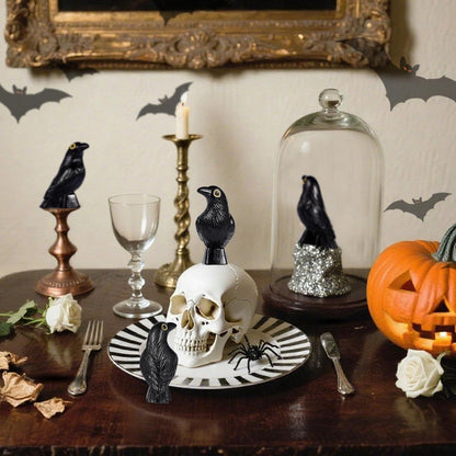 Skiennix Halloween Miniature Crow Figurines - 100 Pcs Tiny 1'' Resin Animal Ornaments for Craft Decor