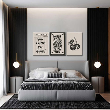 Fashion Poker Framed Canvas Wall Art Set of 3 - Vintage Queen & Lucky You Poster Prints | Aesthetic Black Art for Bedroom & Living Room - 12x16''
