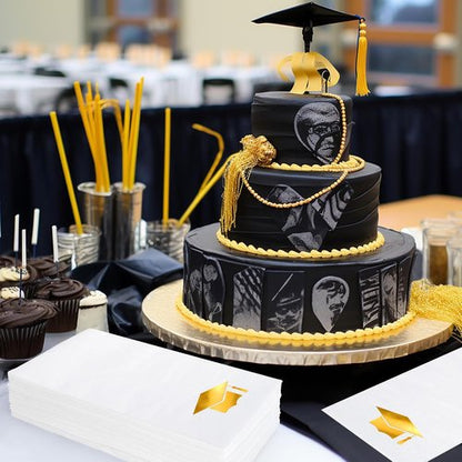 FYSUIMU Graduation Cap Napkins - 50 Pcs Gold Foil Tassel Design for College Parties & Celebrations