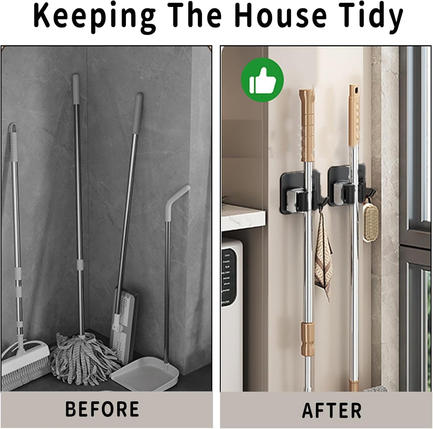 Skiennix Broom Holder Wall Mount - 3-Piece Mop and Garden Tool Organizer - Durable 304 Stainless Steel (Black)